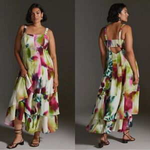 Anthropologie Colorful Tiered Cut Out Back Square Neck Maxi Dress Size 14